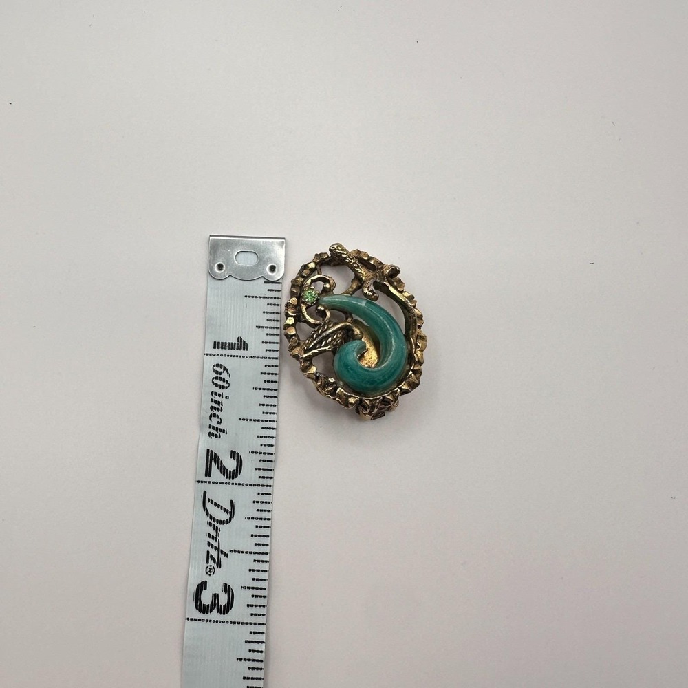 Vintage 80s Brass Tone Turquoise Green Cabochon Statement Clip Earrings Jewelry - Picture 9 of 9
